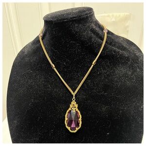 Vintage DECO 1920 Designer Gold metal chain Amethyst Tone Woman necklace new